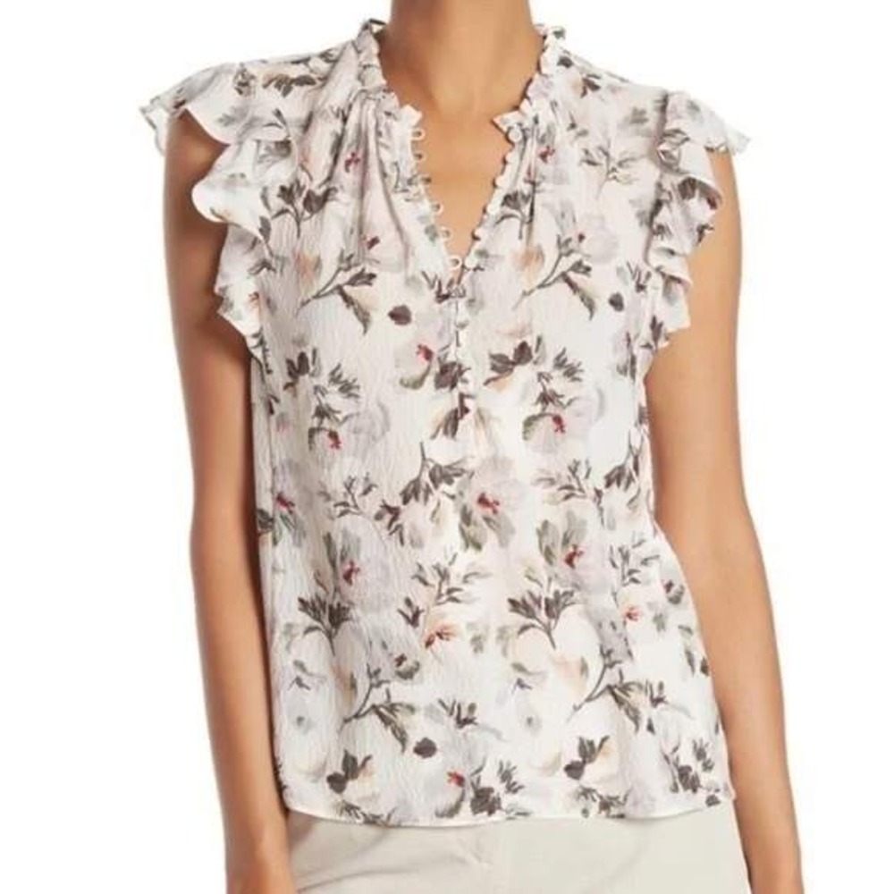 Rebecca Taylor Top Womens 8‎ White Pink Sofia Floral Silk Ruffle Cap Sleeve